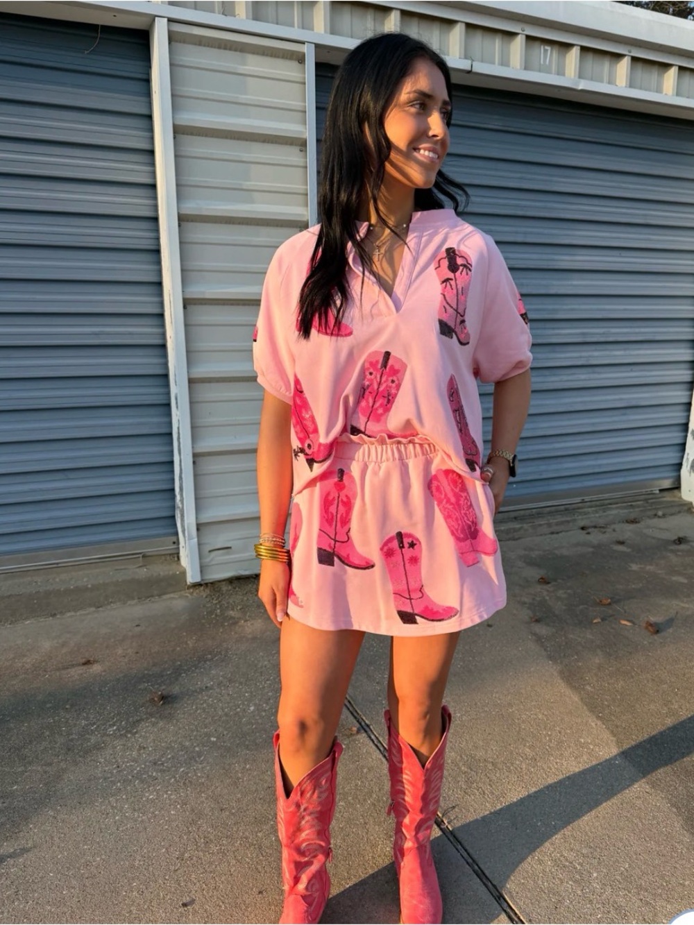 Pink Printed Two-Piece Skirt Set with Cowboy Boot Motif boutique sequinned